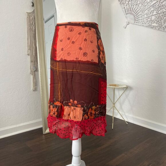 Orange Brown Red Fairy Floral Patchwork Silk Midi Skirt Plus Size 18 W - Picture 3 of 6